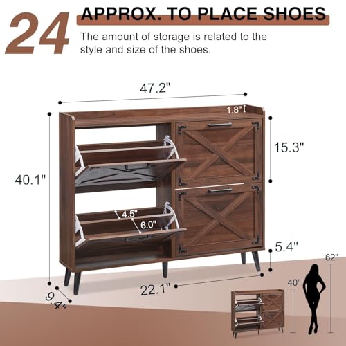 Barnyatoh Shoe Storage Cabinet,Farmhouse Shoe Organizer with 4 Flip Drawers & Barn Door Design,Hidden Slim Narrow Shoe Rack Cabinet for Entryway,Foyer,Hallway,Walnut - color: Walnut, size: 4-Drawers