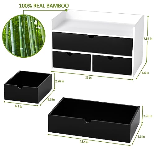 Wisuce Desk Organizer with Drawers - White-Black Bamboo Desktop Organizer Storage | Wood Desk Drawers Organizer for Bills, Office Supplies, Cosmetics, Seals No Assembled - color: White-Black, size: 13”L x 6.6”W x7.87”H