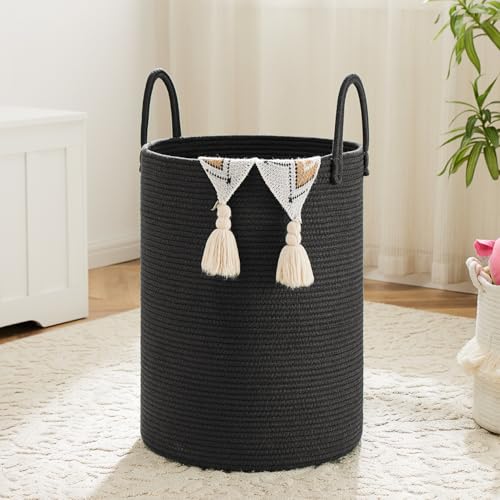 Artfeel Laundry Basket,Woven Cotton Rope Laundry Hamper,80L for Decorative Storage of Dirty Clothes,Toys and Blankets in Bathroom,Baby Room and Living Room - color: Dark black, size: 80L