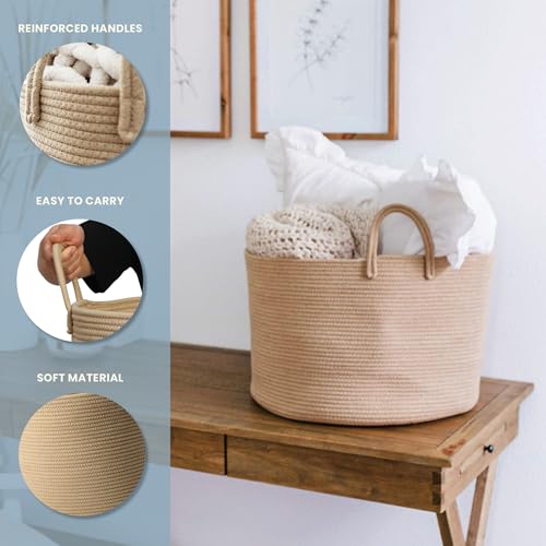 OrganiHaus Large Woven Storage Basket for Blankets and Toys 20" x 13" Inch, Rope Laundry Basket with Handles, Cushions & Pillows Storage Bin, Nursery Hamper, Soft Round Dog Toy Bin - Honey - color: Full Honey, size: Wide
