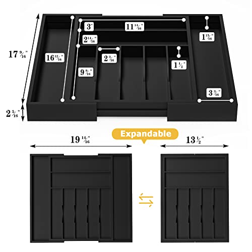 Utensil Organizer Silverware Drawer Organizer - Bamboo Expandable Cutlery Tray with Dividers for Utensil Holder Office Storage Makeup Desk Drawer Tool Organization W13.5"-19.5" x L17.5" x H2.5"(Black) | Expandable, Cutlery Tray, with Dividers, Utensil Hol