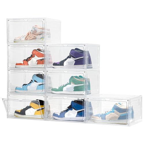 Attelite 8 Pack Shoe Boxes Clear Plastic Stackable, Upgrade Large Shoe Storage Organizer Containers with Magnetic Door for Display Sneaker, Easy Assembly - color: White clear, size: L-8-pcs-Large magnetic door