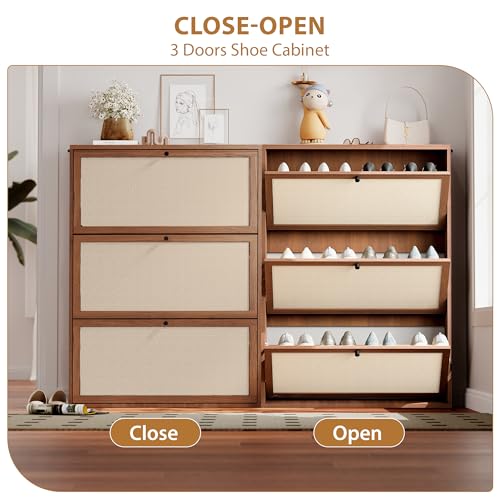 31.5" Mid-Century Slim Narrow Shoe Storage Cabinet for Entryway, Hidden 3 Tier Wood Shoe Storage Organizer with Non-Divider Flip Drawer for Hallway, Living Room,Apartment (Walnut) - color: Linen-walnut, size: 3-Drawer-No Divider