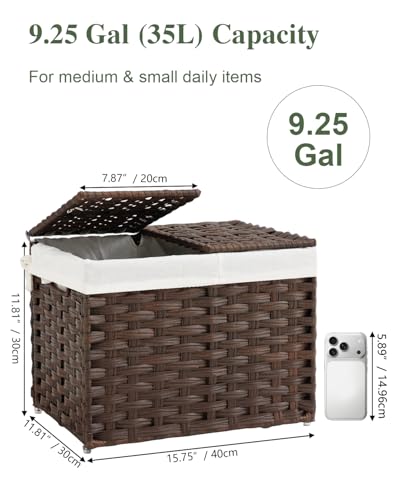 SETVSON Storage Basket with Lid Woven Wicker Baskets with 2 Separate Lid, 9.2 Gallon (35 L) Wicker Storage Bins with Handles, Foldable and 2 Removable Liner Bags for Bedroom, Laundry Room Brown - color: Brown, size: 35L-15.7L*11.8W*11.8H