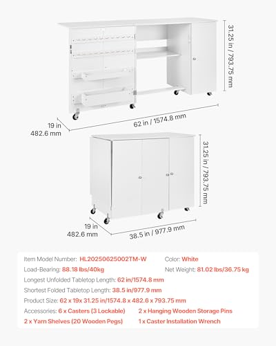 VEVOR Folding Sewing Table, Multipurpose Sewing Machine Table with Cabinet, Compact Design, Wheels, Wooden Pegs, Storage Trays and Shelf, Magnetic Door, Craft Station and Side Desk for Home, White - size: White w/ Cabinet