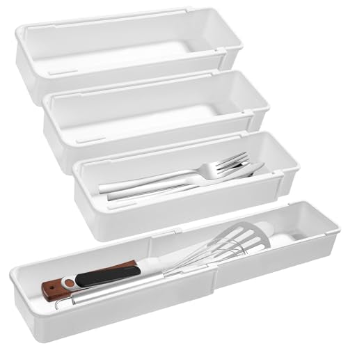 Drawer Organizers Set | 4-Pack Expandable Drawer Dividers for Bedroom, Bathroom, Kitchen & Office | Plastic Drawer Trays with Adjustable Length (White)