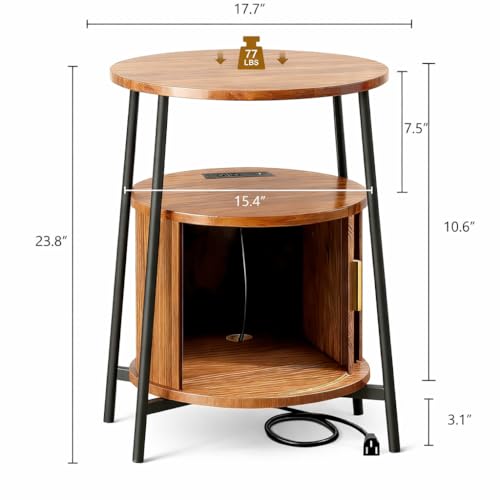 Round End Tables with Drawer: Fluted Side Table with Charging Station, Mid-Century Modern Nightstand with Sliding Door for Small Space Storage, Living Room, Bedroom - color: Honey Walnut, size: 1 PACK