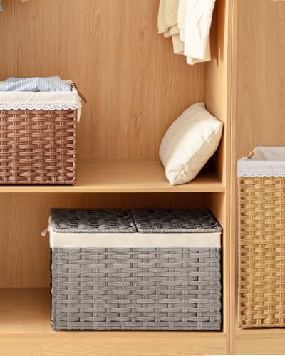 SETVSON Storage Basket with Lid Rattan Storage Basket with 2 Separate Lid, 27.8 Gallon (105 L) 25.2 * 15.4 * 16.1 Inches Woven Wicker Baskets with 2 Liners and Handles for Bedroom Laundry-Gray - color: Gray, size: 105L-25.2L*15.4W*16.1H