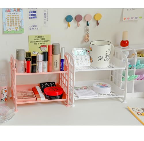 UnnFiko 2-Layers Table Shelf Organizer, Adjustable Plastic Storage Rack Shelf Square Basket Desk Stand Table Storage Organizer Shelves (White) - color: White