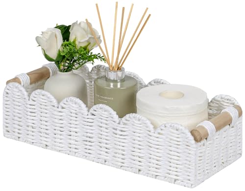 CubesLand Scalloped Edge Toilet Paper Storage Basket, Living Room Home Cozy Decor Basket, Paper Rope Small Baskets for Over Toilet Storage Shelf, End Table, Shelves, with 2 Wooden Handles, White - color: White, size: M - 14"L x 6.3"W x 3.9"H