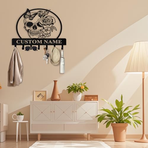 Personalized Key Holder for Wall - Coat Rack Wall Mount with Skeleton & Rose Flower Design, Metal Key Organizer with Hooks, Skull Wall Decor for Bedroom Living Room Entryway, Personalized Gift - color: Color02 Skeleton & Rose Flower