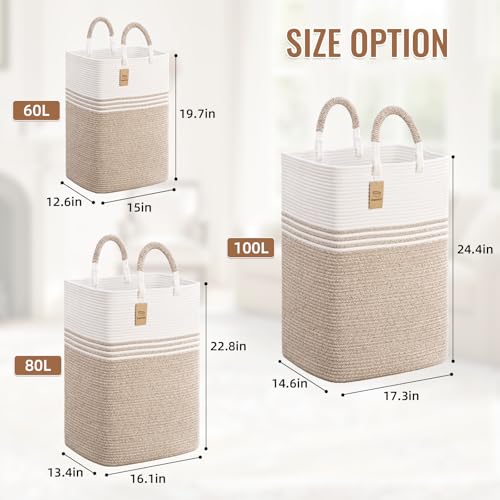 Laundry Basket Hamper,Blanket Storage,Dirty Clothes Hamper with Swivel Handles,Woven Cotton Rope Toy Baskets,Blanket Basket Living Room,Decorative Hampers for Nursery,Bedroom,White & Linen,60L - color: White & Linen, size: 60L
