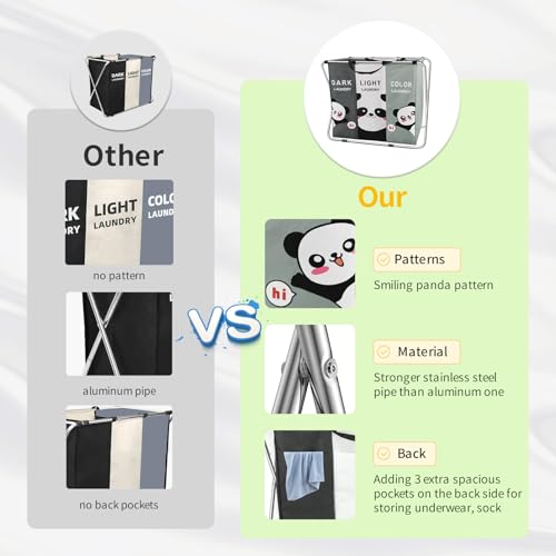 Nicesail Laundry Hamper 3 Section with Waterproof Oxford Bag, Stainless Steel Frame and Back Pocket, Clothes Hampers for Laundry Room Organization and Storage for Home Dormitory Print Dark Light Color