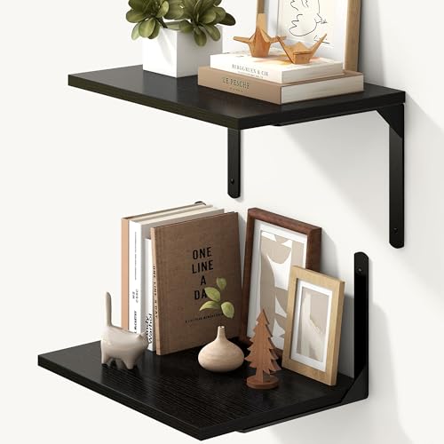 Fun Memories Floating Shelves for Wall, 12 Inch Deep Floating Shelves Set of 2, Wall Mounted Shelf with Metal Brackets, Rustic Wood Wide Shelf for Bathroom, Kitchen and Living Room, Black, 16W x 12D - color: Black- L Bracket, size: 16"W x 12"D