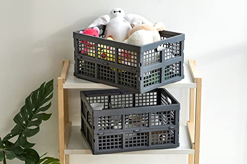 Eslite 34L Large Plastic Folding Storage Crates,Collapsible Crates for Storage,Pack of 3 (Grey) - color: Grey