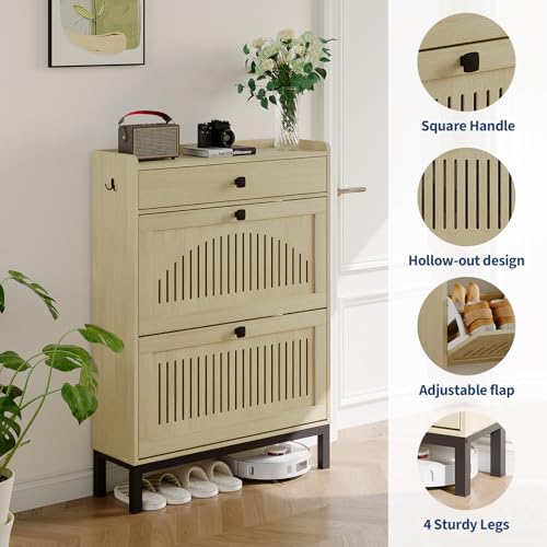 2-Door Flip Front Shoe Cabinet with Adjustable Shelves – Hidden Entryway Storage Organizer for Hallway, Foyer, Living Room – Freestanding Wooden Shoe Rack with Large Capacity & Modern Design, Natural - color: Natural Oak, size: 9.45"D x 31.4"W x 43.4"H