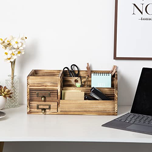 Distressed Rustic Wooden Office Desktop Drawers Organizer Wood Shelf Tabletop Home Organizer Storage with Multiple Compartments,perfect Jewelry storage Display Box for Desk, Vanity (Dark Brown) - color: Dark Brown