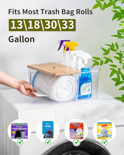 iCASA Trash Bag Dispenser Dishwasher Pod Holder - 5 in 1 Plastic Garbage Bag Under Sink Organizer, Acrylic Dryer Sheet Balls Laundry Pods Container with Bamboo Lid, Pantry Organizers and Storage Box - size: 5 in 1