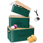 Kitchen Vegetable Storage Set of 3, Metal Onion Garlic Potato Storage Set, Kitchen Canisters Vegetable Keeper Containers with Aerating Holes and Wooden Lid (Alpine Green) - color: Alpine Green