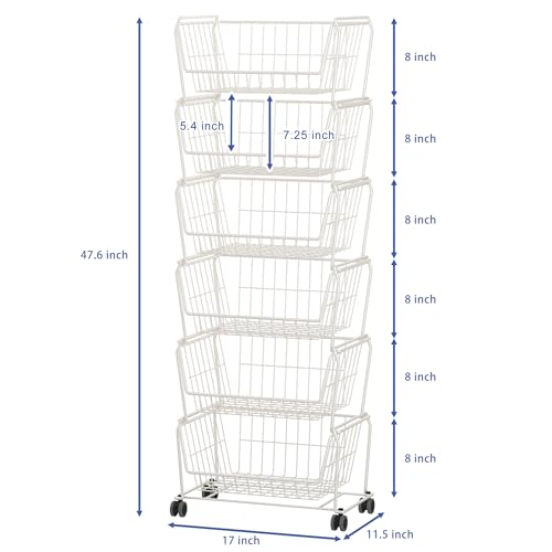 PUSDON 6-Tier Tall Stackable Wire Storage Baskets with Wheels, Vertical Metal Rolling Utility Cart, High Capacity Produce Basket for Kitchen Pantry, Snack Organizer, Classic White - color: White, size: 6 Tier Standard