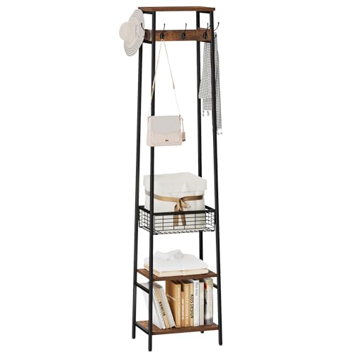 Coat Rack Freestanding, Coat Stand with Metal Basket and Storage Shelves, Hall Tree Free Standing With and 7 Hooks, Clothes Rack Stand Organizer, Rustic Brown and Black - color: Rustic Brown and Black, style: 2 Shelves + 1 Basket
