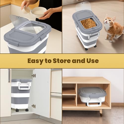 HOYTAMDA 25-35Lbs Rice Container,Collapsible Airtight Food Storage Containers with Wheels,Handle,Rice Storage Container with Small Bin and Scoop,Rice Dispenser for Flour Sugar Cereal Grain Dog Cat - color: Grey/25-35lbs