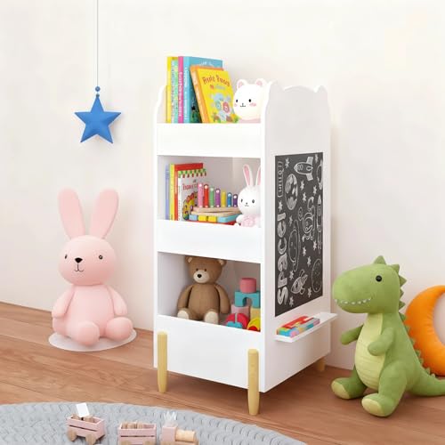 Kid Toy Bookcase,3-Tier Bear Shaped Wooden Kids Bookshelf with Legs, Montessori Bookshelf with Blackboard for Toys and Books, Storage Organizer for Living Room/Bedroom/Nursery/Kids Room-White