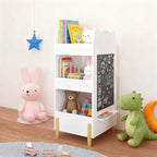 Kid Toy Bookcase,3-Tier Bear Shaped Wooden Kids Bookshelf with Legs, Montessori Bookshelf with Blackboard for Toys and Books, Storage Organizer for Living Room/Bedroom/Nursery/Kids Room-White