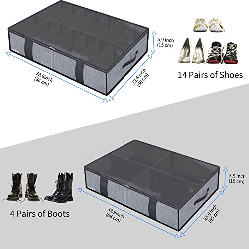 Onlyeasy Under Bed Shoe Storage Organizers for Kids and Adults Fit 14 Pairs of Shoes & 4 Pairs of Boots, Sturdy Underbed Organizer with 2 Strong Zippers and 4 Handles, Linen-like Grey, MXDUBS14S4 - color: 1 Boots 1 Shoes (14+4 Cells) Linen-like Grey