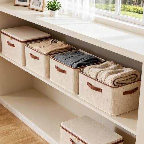 Tuza 3 Pcs Rigid Storage Bins with Zipper Lid, Cotton Linen Fabric Storage Boxes, Foldable Shelves Clothes Storage Cubes with Handles for Wardrobe, Closet(Beige, 42L) - size: XL-42L