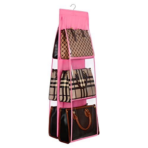 Lirex Medium and Large Handbag Hanging Purse Organizer for Closet, Handbag Storage Organizer Hanger Oxford Cloth Closet Organizer for Family Closet Bedroom, Foldable and Universal Fit, Pink - color: Pink