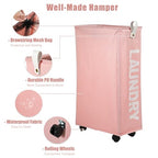 VOCOSTE Laundry Basket With Wheels, 27" Tall Rolling Laundry Basket, 55L Slim Laundry Hamper on Wheels, Narrow Laundry Hamper for Closet, Clothes Hamper with Handle for Corner Dorm, Pink