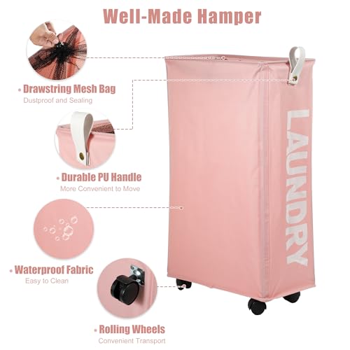 VOCOSTE Laundry Basket With Wheels, 27" Tall Rolling Laundry Basket, 55L Slim Laundry Hamper on Wheels, Narrow Laundry Hamper for Closet, Clothes Hamper with Handle for Corner Dorm, Pink