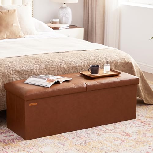 HAUSFRAU Storage Ottoman Bench with Flipping Lid, 43.3 Inches Storage Chest Footsrest, Folding Foot Stool for Entryway, Living Room, Bedroom, Synthetic Leather Retro Brown - color: Retro Brown, size: 15"D x 43.5"W x 15"H
