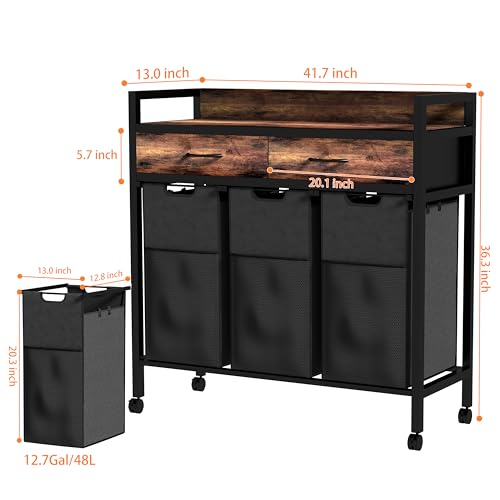 Laundry Sorter 3 Section,144L Hamper with Non-Woven Drawers,360° Rolling Laundry Basket,Pull-Out and Removable Oxford Fabric Laundry Bags,Rustic Brown and Black