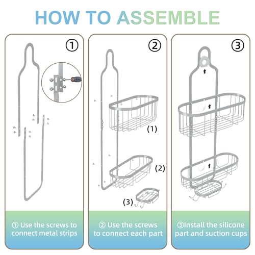 Bathroom Hanging Shower Organizer, Over Head Shower Caddy Shower Storage Rack Basket with Hooks for Razor and Sponge Rustproof, Silver [Patented] - color: Silver