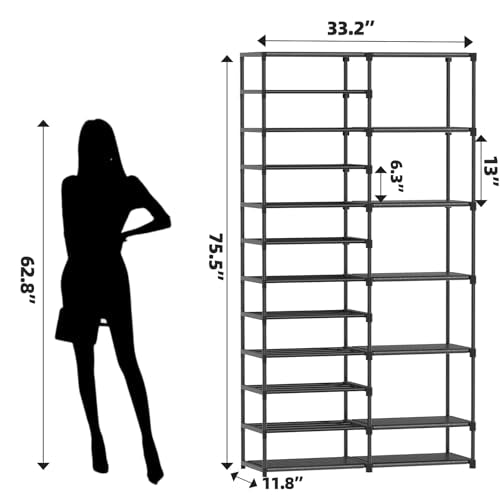 Ekisemio 12 Tier Shoe Rack Tall, Shoe Rack Organizer, Large Capacity Holds 34-50 Pairs, Boot Rack Organizer for Entryway, Closet, Garage, Black - size: 2 Row 12 Tiers