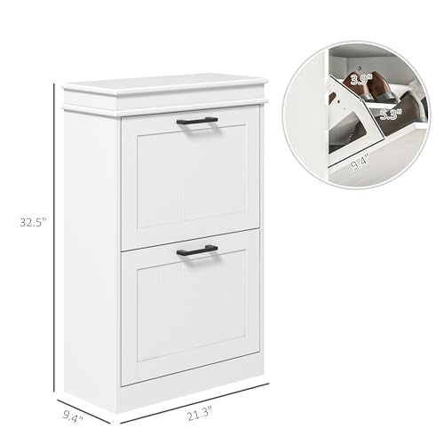 HOMCOM Narrow Shoe Cabinet with 2 Flip Drawers, Modern Freestanding Shoe Storage Cabinet with Adjustable Shelves for Entryway, Hallway, White - color: White