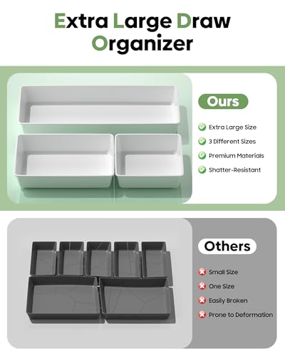 10 Pack Large Size Plastic Drawer Organizers Set, 3 Sizes Desk Drawer Organizer Trays, Storage Bins for Vanity, Makeup, Bathroom, Kitchen Utensils and Office (White) - color: White