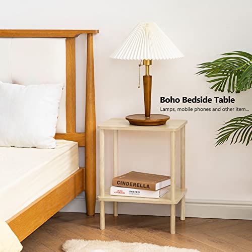 Apicizon 2 Tier End Table Set of 2, Small Side Table with Solid Wood Legs, Boho Bedside Table with Storage Shelf, Nightstand for Small Spaces, Bedroom, Living Room, Entryway, Light Natural - color: Light Natural, size: 2 Set, style: 2 Tier