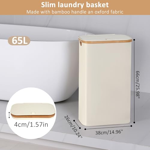 iEGrow 65L Slim Laundry Hamper, Narrow Laundry Basket with Lid,Foldable Clothes Hamper with Bamboo Handles,Hamper Basket with Removable Inner Bag for Laundry Room Bedroom College Dorm,17.17 Gals Beige - color: Beige, size: 65L