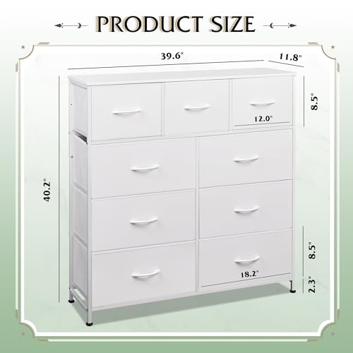 WLIVE 9-Drawer Dresser, Fabric Storage Tower for Bedroom, Hallway, Closet, Tall Chest Organizer Unit for Bedroom with Fabric Bins, Steel Frame, Wood Top, Easy Pull Handle, White - color: White