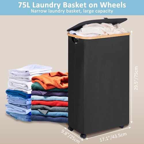efluky Slim Laundry Basket with Wheels, Narrow Rolling Laundry Hamper with Lid and Removable Bag, Aesthetic Dirty Clothes Hamper on Wheels for Laundry Room, Bedroom, Dorm and Bathroom, 75L Dark Black - color: Black, size: 75L