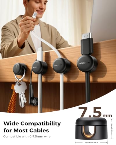 9-Pack Cable Clips [Upgraded],Rocoren Magnetic 360° Rotatable Cord Holder, Adhesive Cable Management Organizer,Wire Keeper for Nightstand Desk Car Phone Wall Home Office Accessories - color: Black