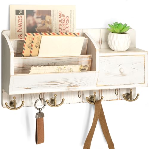 Rebee Vision Key Holder Wall Mount with Mail Sorter - Farmhouse Mail and Key Organizer for Wall with Small Drawer Organizer - Ideal Farmhouse Home Decor Solution (Whitewash) - color: Whitewash