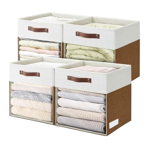 Bagnizer Storage Cubes, 4 Pack Linen Foldable Storage Bins (13 x 13 inch) with Clear Window and Handles, Fabric Organizer for Shelf Closet, Clothes, Books - (Brown and White) - color: Brown / Off-White, size: 13 x 13 x 13