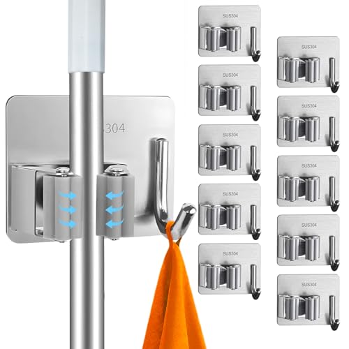 10 Pack Heavy Duty Mop and Broom Holder Wall Mount, No Drill Self Adhesive Stainless Steel Hanger with Hooks, Anti-Slip Tool Organizer for Bathroom, Kitchen, Garage, Laundry Room (10, Silver) - color: Silver-10