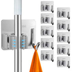10 Pack Heavy Duty Mop and Broom Holder Wall Mount, No Drill Self Adhesive Stainless Steel Hanger with Hooks, Anti-Slip Tool Organizer for Bathroom, Kitchen, Garage, Laundry Room (10, Silver) - color: Silver-10