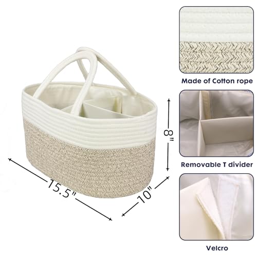 Large Baby Diaper Caddy Organizer for Girl Boy Rope Nursery Storage Bin Basket Portable Holder Tote Bag for Changing Table Car Travel Baby Shower Gifts Newborn Registry Must Haves White and Brown - color: white and brown, size: Large