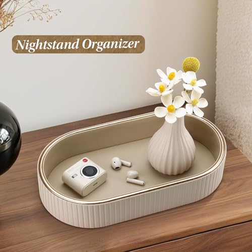 GORESE PU Leather Perfume Tray Nightstand Organizer, Small Oval Desk Tray Jewelry Trinket Trays Valet Organizer Key Bowl for Entryway Dresser Bathroom, Catchall Trays for Men Women, 11×5.9 in, Beige - color: Beige